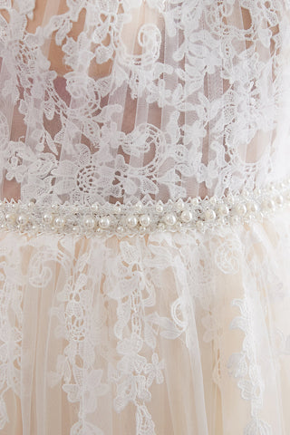 Vestidos de noche largos de tul con encaje y apliques halter en forma de A