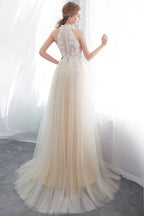 Long A-line Halter Appliques Lace Tulle Evening Dresses by BIZTUNNEL