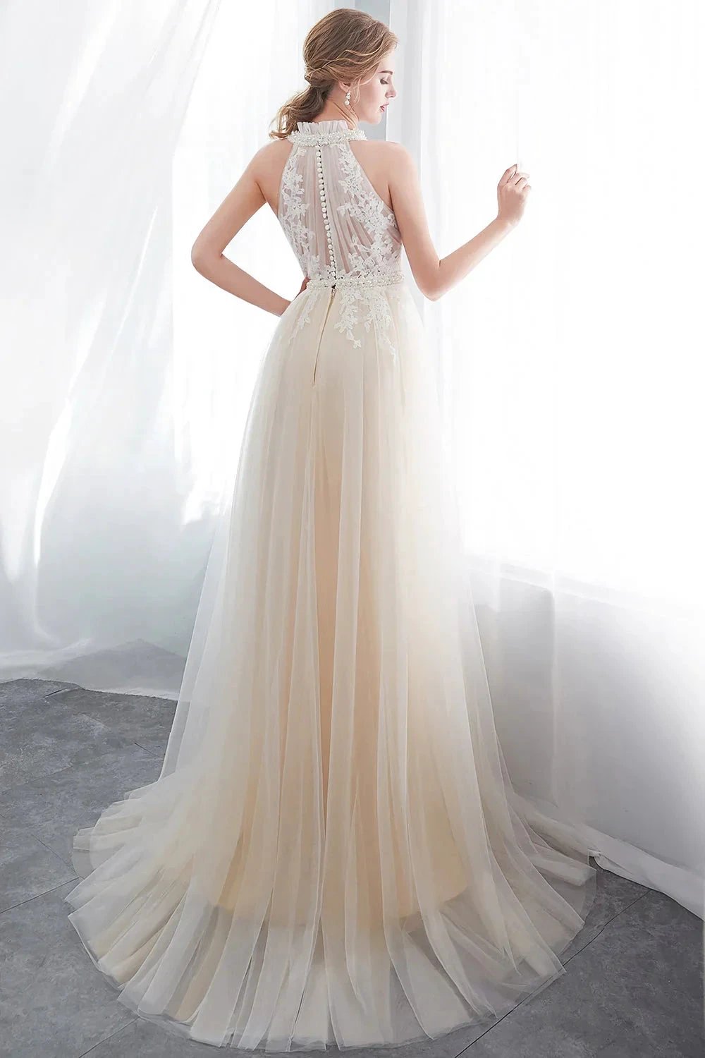 Long A-line Halter Appliques Lace Tulle Evening Dresses by BIZTUNNEL