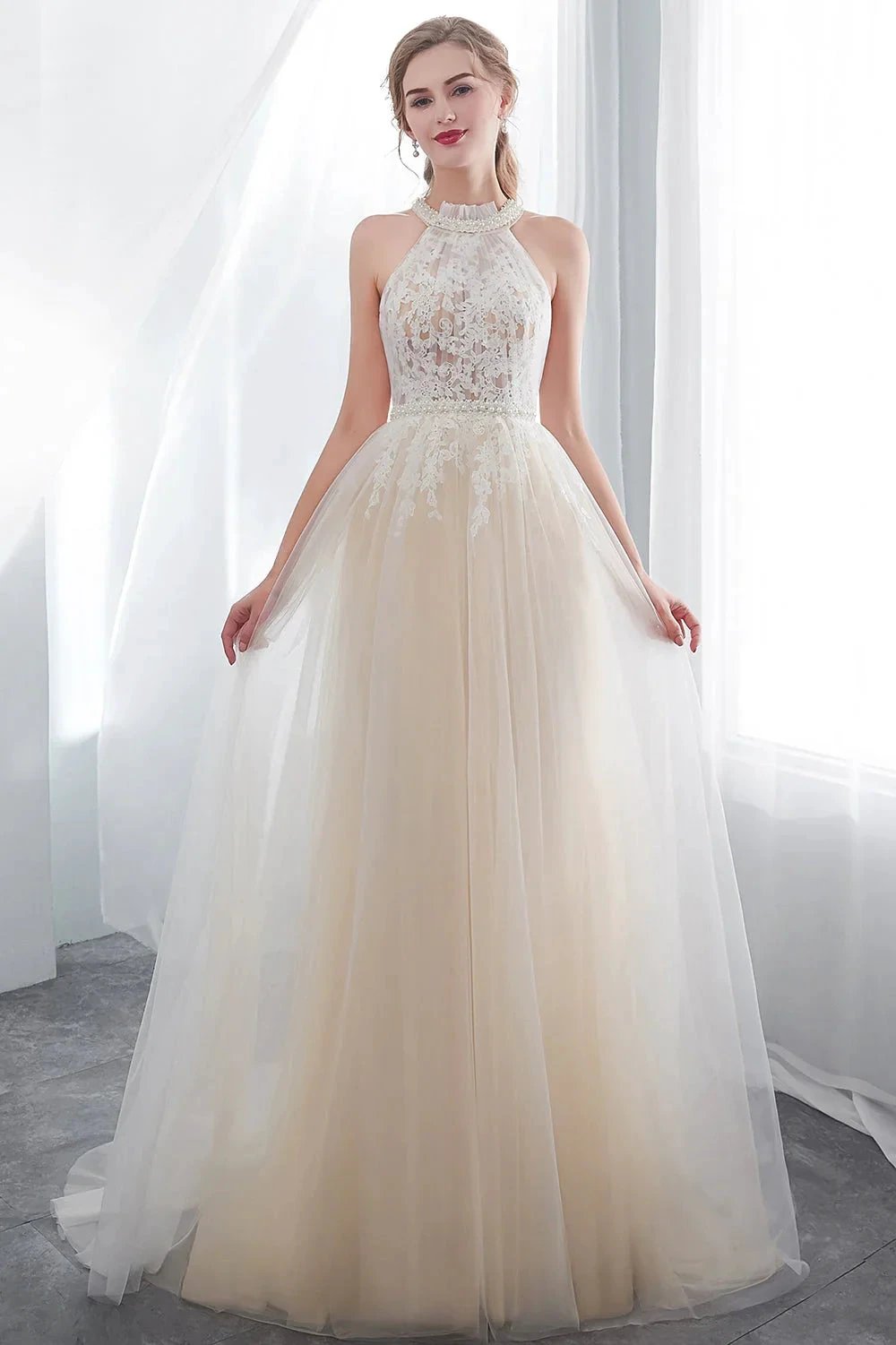 Long A-line Halter Appliques Lace Tulle Evening Dresses by BIZTUNNEL