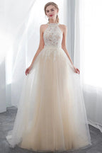 Long A-line Halter Appliques Lace Tulle Evening Dresses by BIZTUNNEL