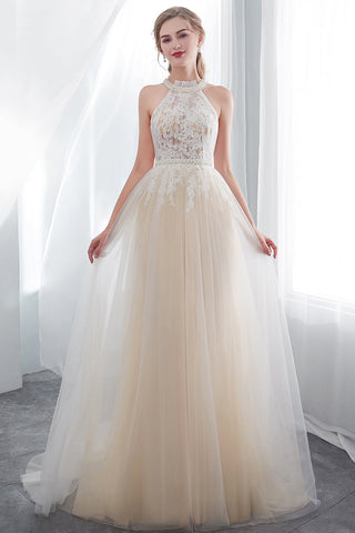 Vestidos de noche largos de tul con encaje y apliques halter en forma de A