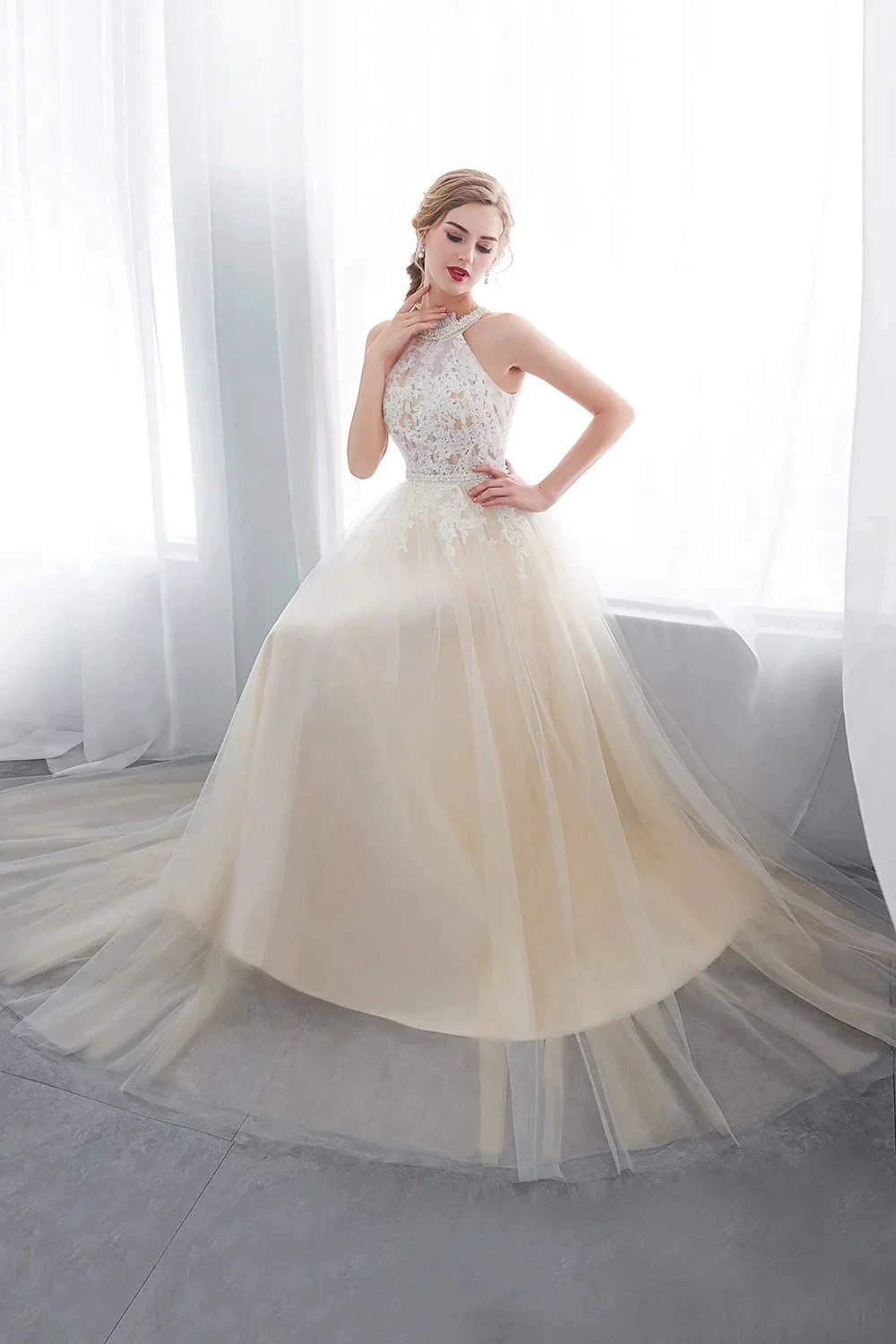 Long A-line Halter Appliques Lace Tulle Evening Dresses by BIZTUNNEL