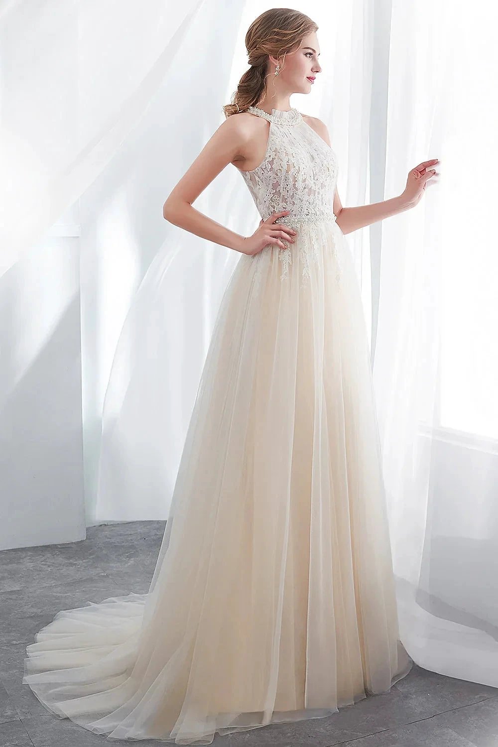 Long A-line Halter Appliques Lace Tulle Evening Dresses by BIZTUNNEL