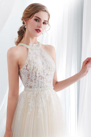 Vestidos de noche largos de tul con encaje y apliques halter en forma de A