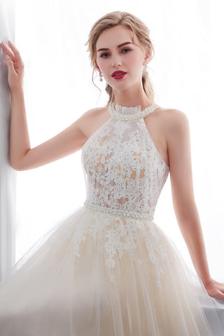 Vestidos de noche largos de tul con encaje y apliques halter en forma de A