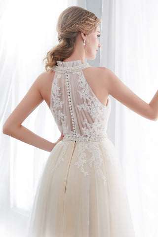 Vestidos de noche largos de tul con encaje y apliques halter en forma de A