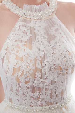 Vestidos de noche largos de tul con encaje y apliques halter en forma de A