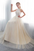 Long A-line Halter Appliques Lace Tulle Evening Dresses by BIZTUNNEL