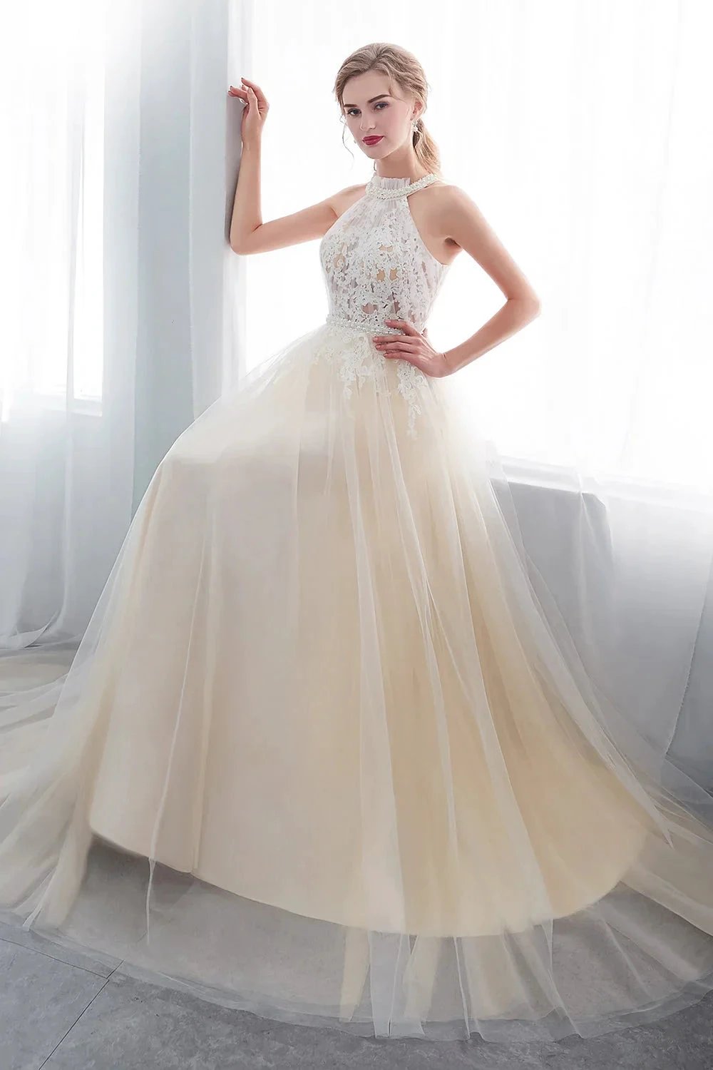 Long A-line Halter Appliques Lace Tulle Evening Dresses by BIZTUNNEL