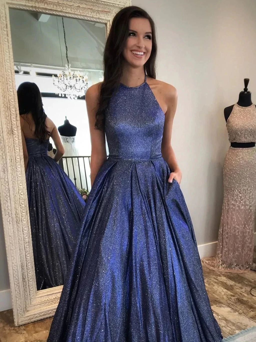 Long A-line Halter Backless Formal Graduation Prom Dresses with Pockets by BIZTUNNEL