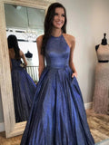Long A-line Halter Backless Formal Graduation Prom Dresses with Pockets by BIZTUNNEL