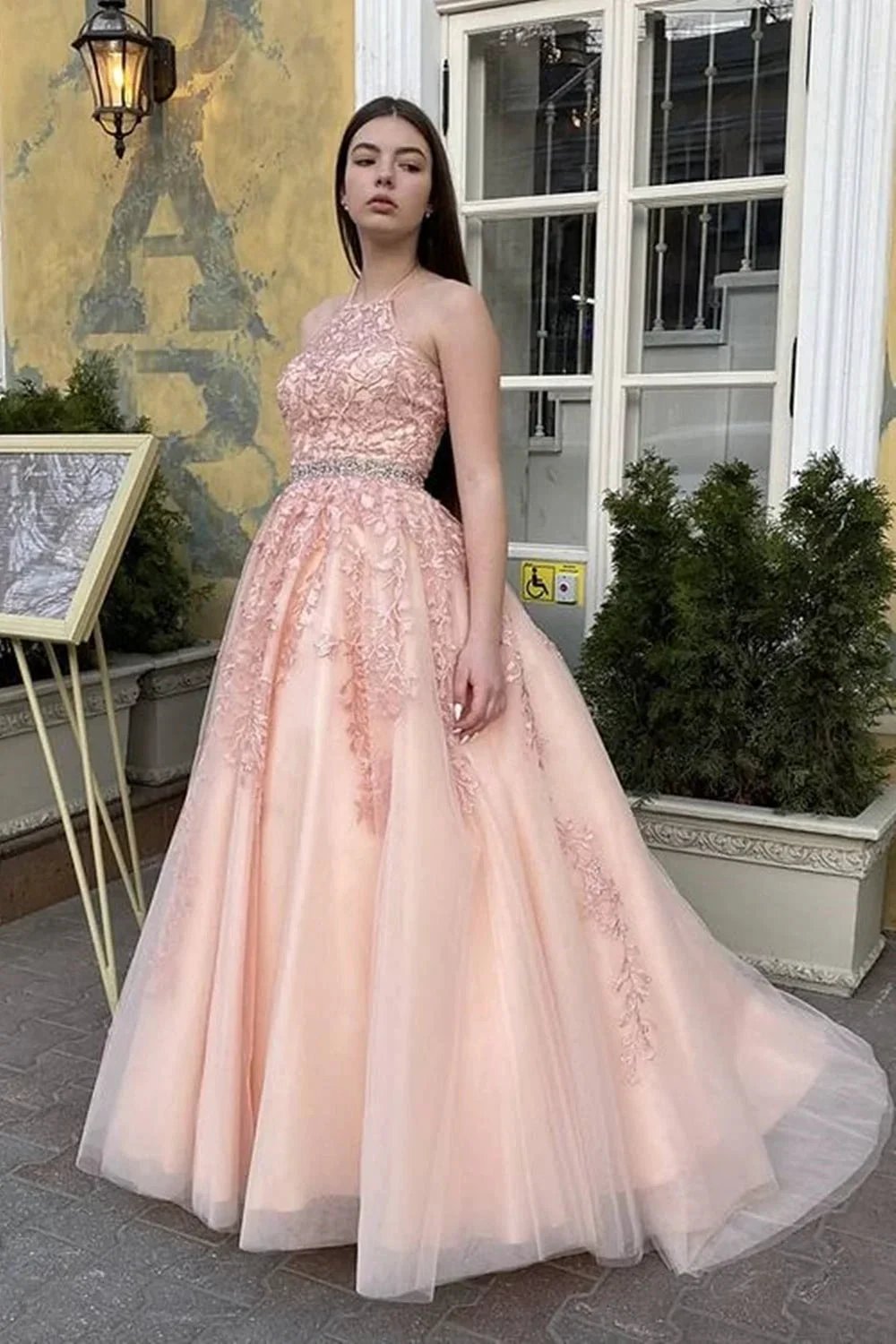Long A-line Halter Backless Tulle Lace Formal Prom Dresses by BIZTUNNEL