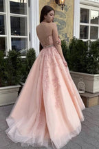 Long A-line Halter Backless Tulle Lace Formal Prom Dresses by BIZTUNNEL