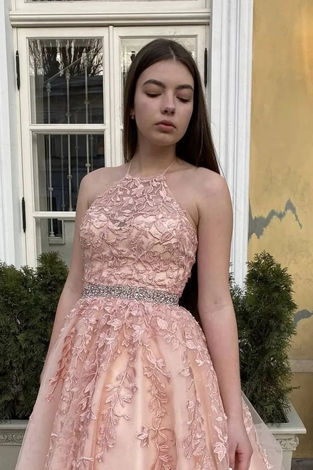 Long A-line Halter Backless Tulle Lace Formal Prom Dresses by BIZTUNNEL