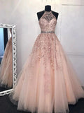 Long A-line Halter Backless Tulle Lace Formal Prom Dresses by BIZTUNNEL
