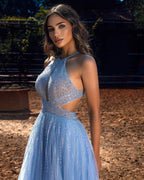 Long A-Line Halter Beading Sequins Tulle Backless Prom Dress by BIZTUNNEL