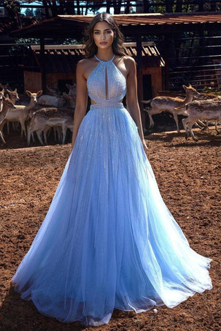 Vestido de fiesta largo de tul con espalda descubierta, corte A, cuello halter, lentejuelas y cuentas