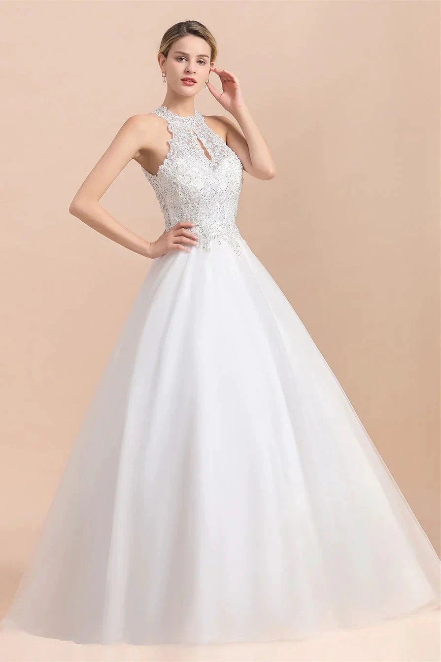 Long A-line Halter Lace Appliques Sequins Sleeveless Wedding Dress by BIZTUNNEL