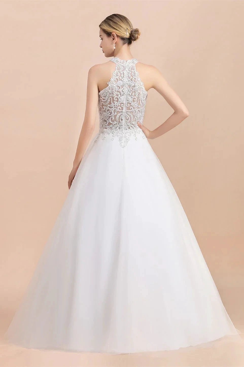 Long A-line Halter Lace Appliques Sequins Sleeveless Wedding Dress by BIZTUNNEL