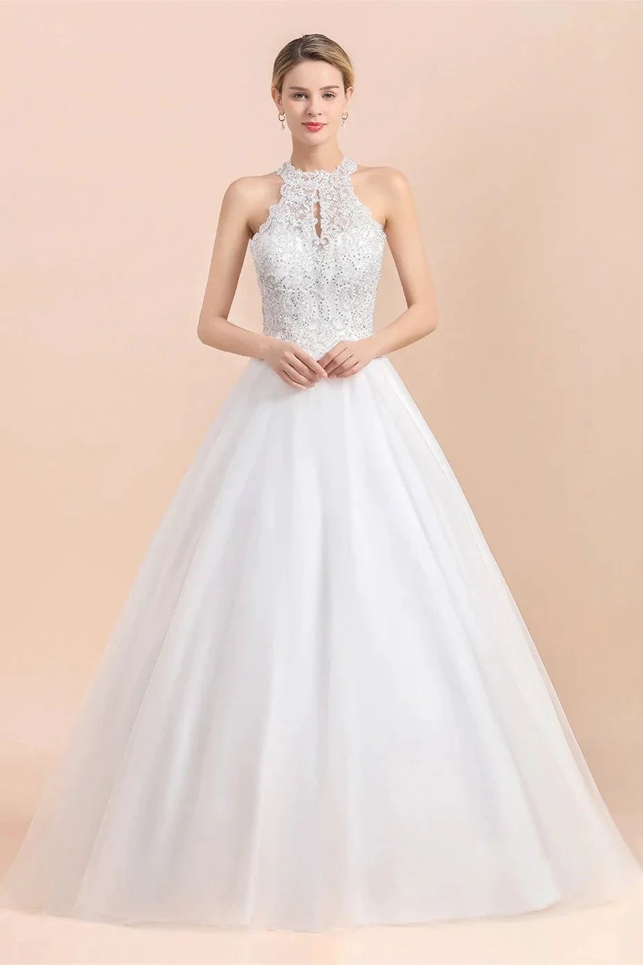 Long A-line Halter Lace Appliques Sequins Sleeveless Wedding Dress by BIZTUNNEL