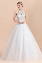 Long A-line Halter Lace Appliques Sequins Sleeveless Wedding Dress by BIZTUNNEL
