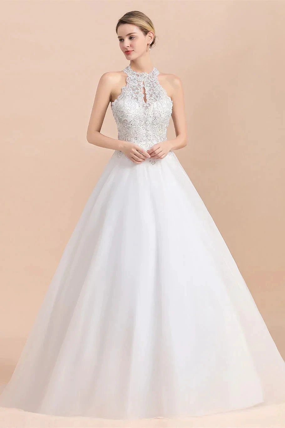 Long A-line Halter Lace Appliques Sequins Sleeveless Wedding Dress by BIZTUNNEL
