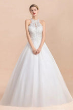 Long A-line Halter Lace Appliques Sequins Sleeveless Wedding Dress by BIZTUNNEL