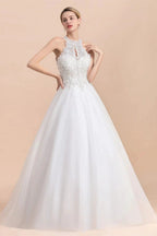 Long A-line Halter Lace Appliques Sequins Sleeveless Wedding Dress by BIZTUNNEL