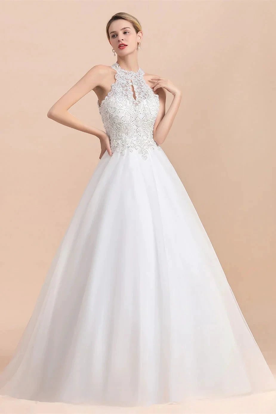 Long A-line Halter Lace Appliques Sequins Sleeveless Wedding Dress by BIZTUNNEL