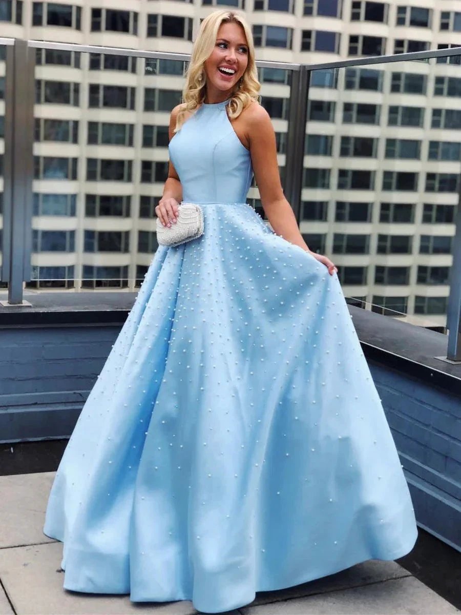 Long A-line Halter Satin Beads Formal Prom Dresses with Pockets by BIZTUNNEL