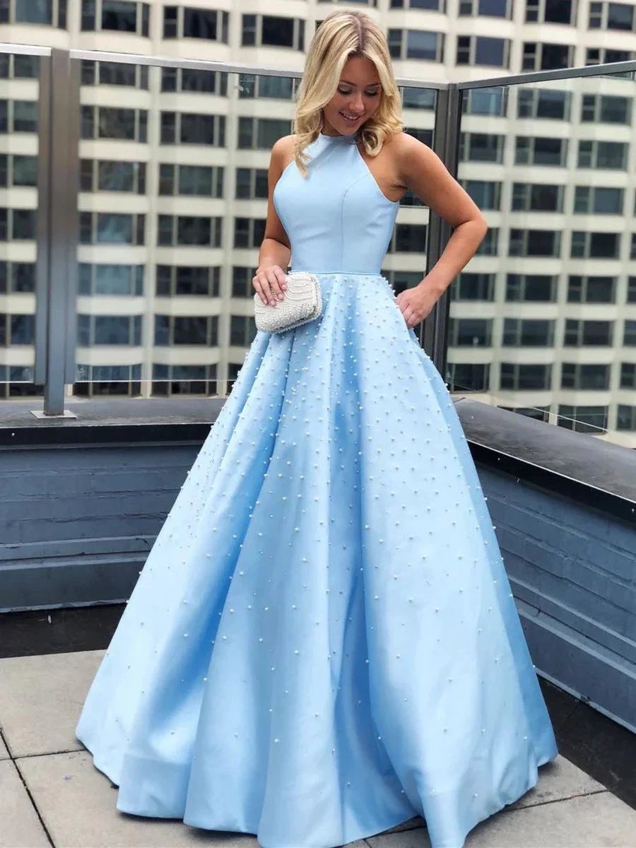 Long A-line Halter Satin Beads Formal Prom Dresses with Pockets by BIZTUNNEL