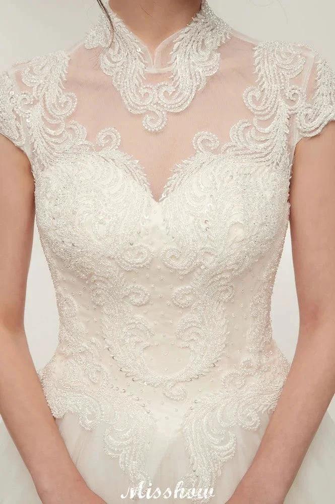 Long A-line High Neck Lace Appliques Short Sleeves Wedding Dresses with Lace-up by misshow.com