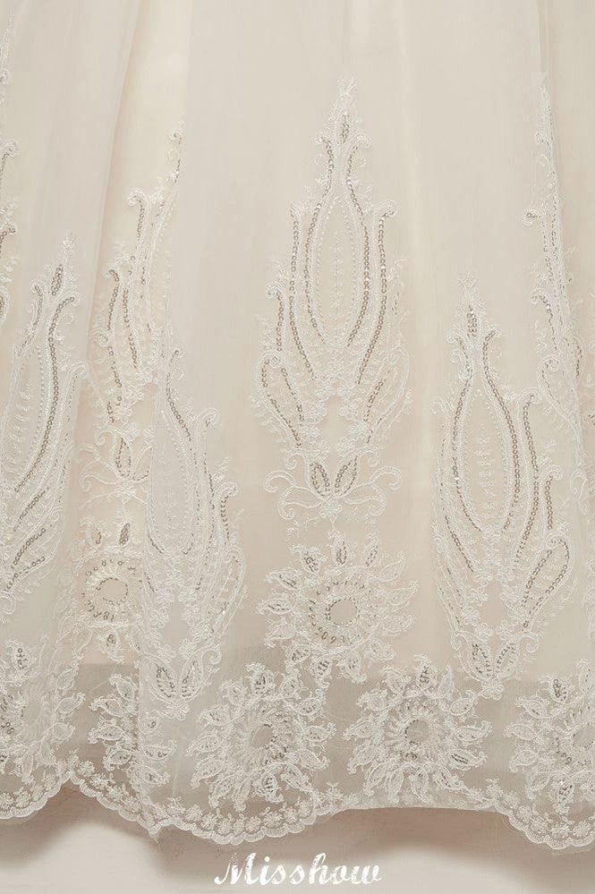 Long A-line High Neck Lace Appliques Short Sleeves Wedding Dresses with Lace-up by misshow.com