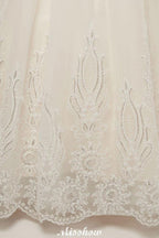 Long A-line High Neck Lace Appliques Short Sleeves Wedding Dresses with Lace-up by misshow.com