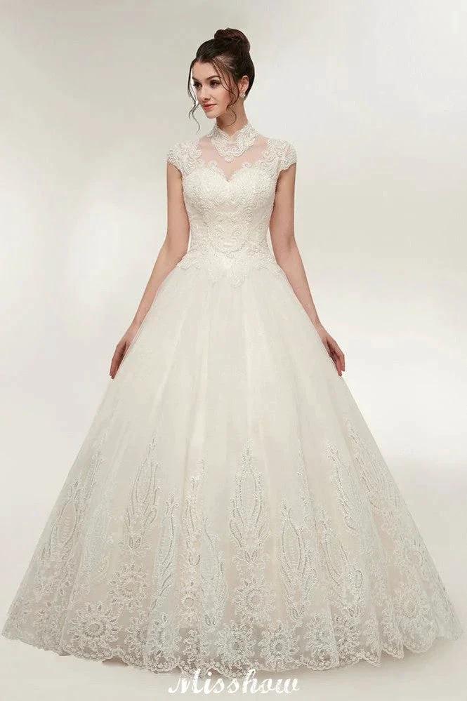 Long A-line High Neck Lace Appliques Short Sleeves Wedding Dresses with Lace-up by misshow.com