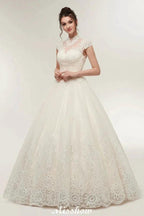 Long A-line High Neck Lace Appliques Short Sleeves Wedding Dresses with Lace-up by misshow.com