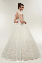 Long A-line High Neck Lace Appliques Short Sleeves Wedding Dresses with Lace-up by misshow.com