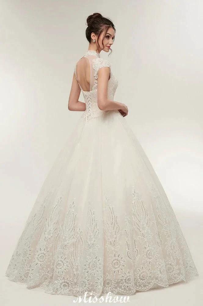 Long A-line High Neck Lace Appliques Short Sleeves Wedding Dresses with Lace-up by misshow.com