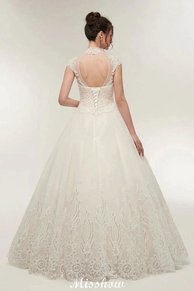 Long A-line High Neck Lace Appliques Short Sleeves Wedding Dresses with Lace-up by misshow.com