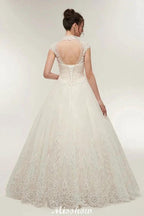 Long A-line High Neck Lace Appliques Short Sleeves Wedding Dresses with Lace-up by misshow.com