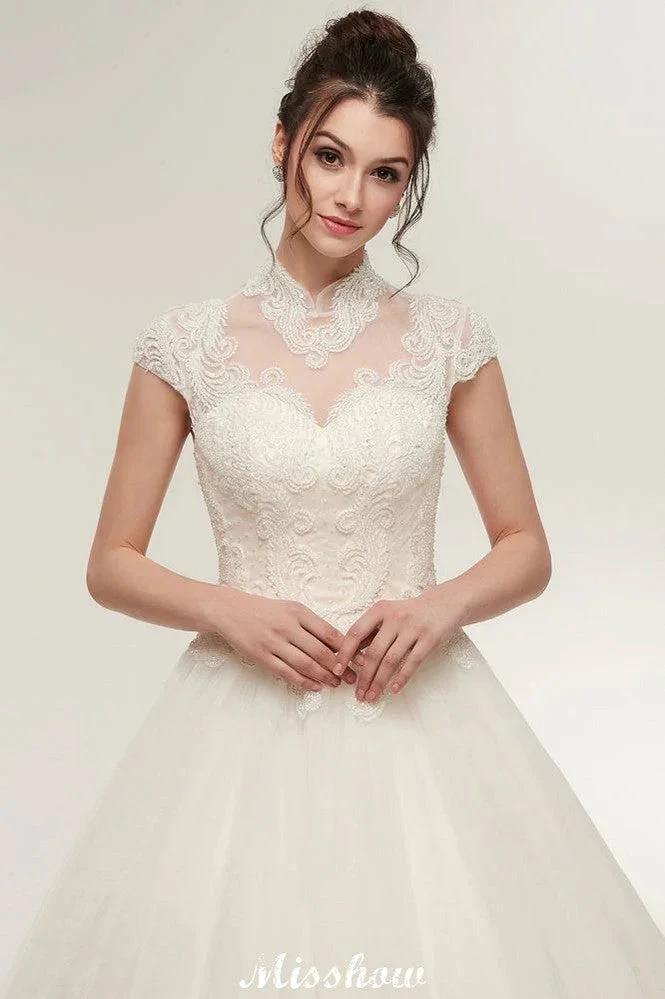 Long A-line High Neck Lace Appliques Short Sleeves Wedding Dresses with Lace-up by misshow.com
