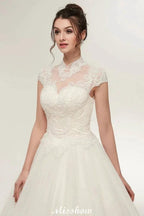 Long A-line High Neck Lace Appliques Short Sleeves Wedding Dresses with Lace-up by misshow.com