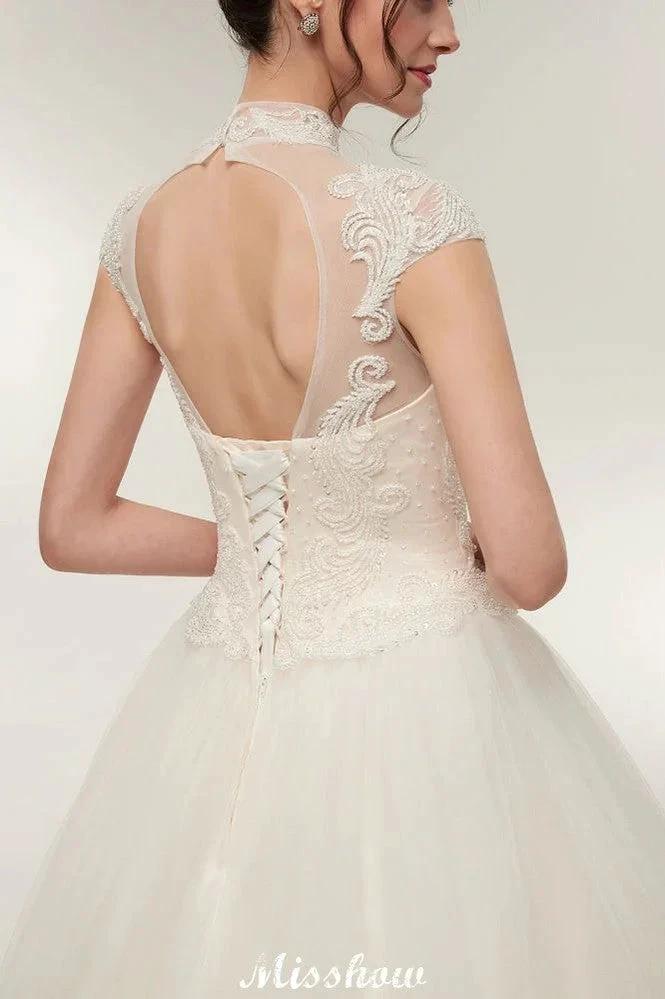 Long A-line High Neck Lace Appliques Short Sleeves Wedding Dresses with Lace-up by misshow.com