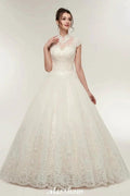 Long A-line High Neck Lace Appliques Short Sleeves Wedding Dresses with Lace-up by misshow.com