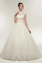 Long A-line High Neck Lace Appliques Short Sleeves Wedding Dresses with Lace-up by misshow.com