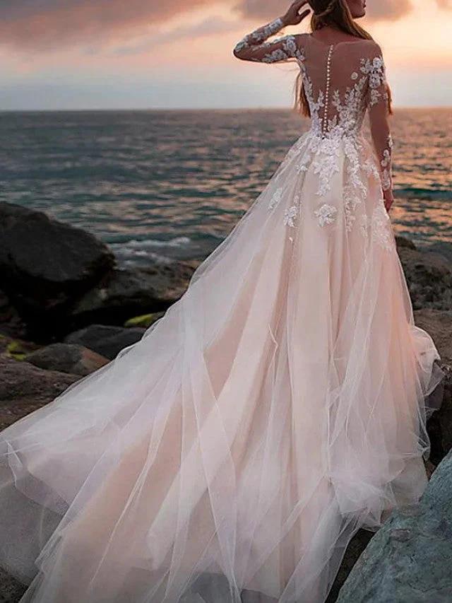 Long A-Line Jewel Neck Court Train Lace Tulle Wedding Dresses with Sleeves by BIZTUNNEL