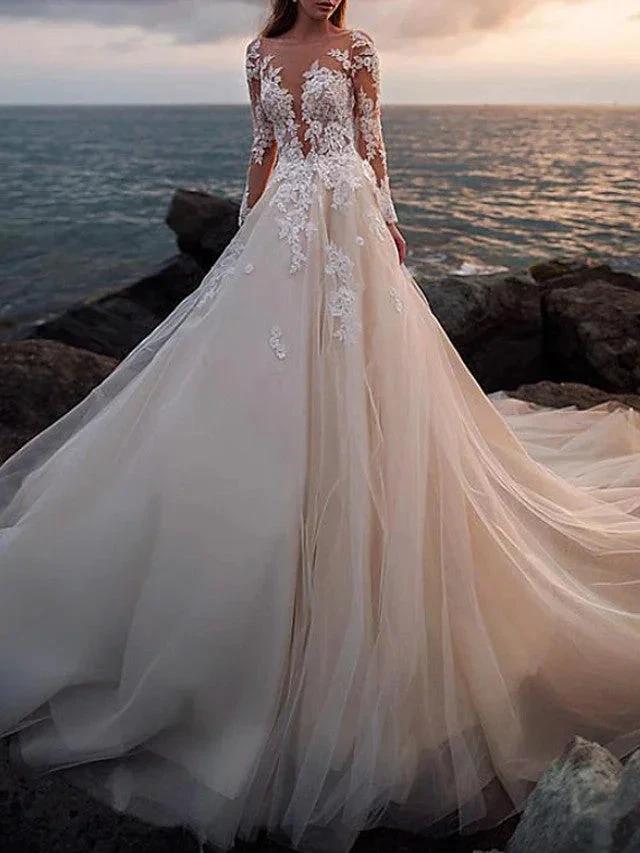 Long A-Line Jewel Neck Court Train Lace Tulle Wedding Dresses with Sleeves by BIZTUNNEL