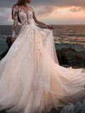 Long A-Line Jewel Neck Court Train Lace Tulle Wedding Dresses with Sleeves by BIZTUNNEL