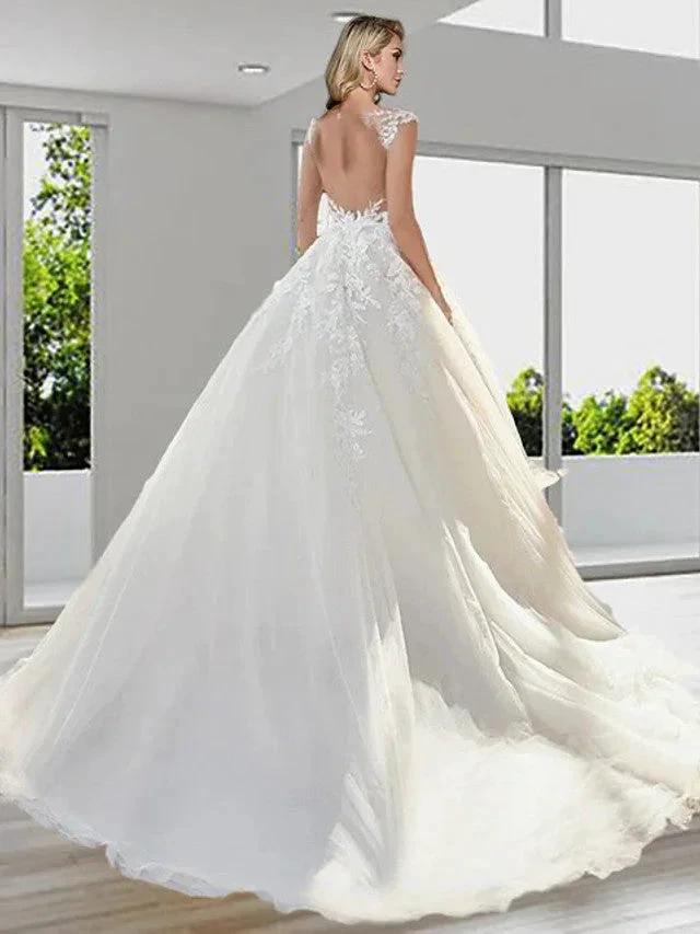 Long A-Line Jewel Neck Sweep Brush Train Lace Tulle Backess Wedding Dresses by BIZTUNNEL